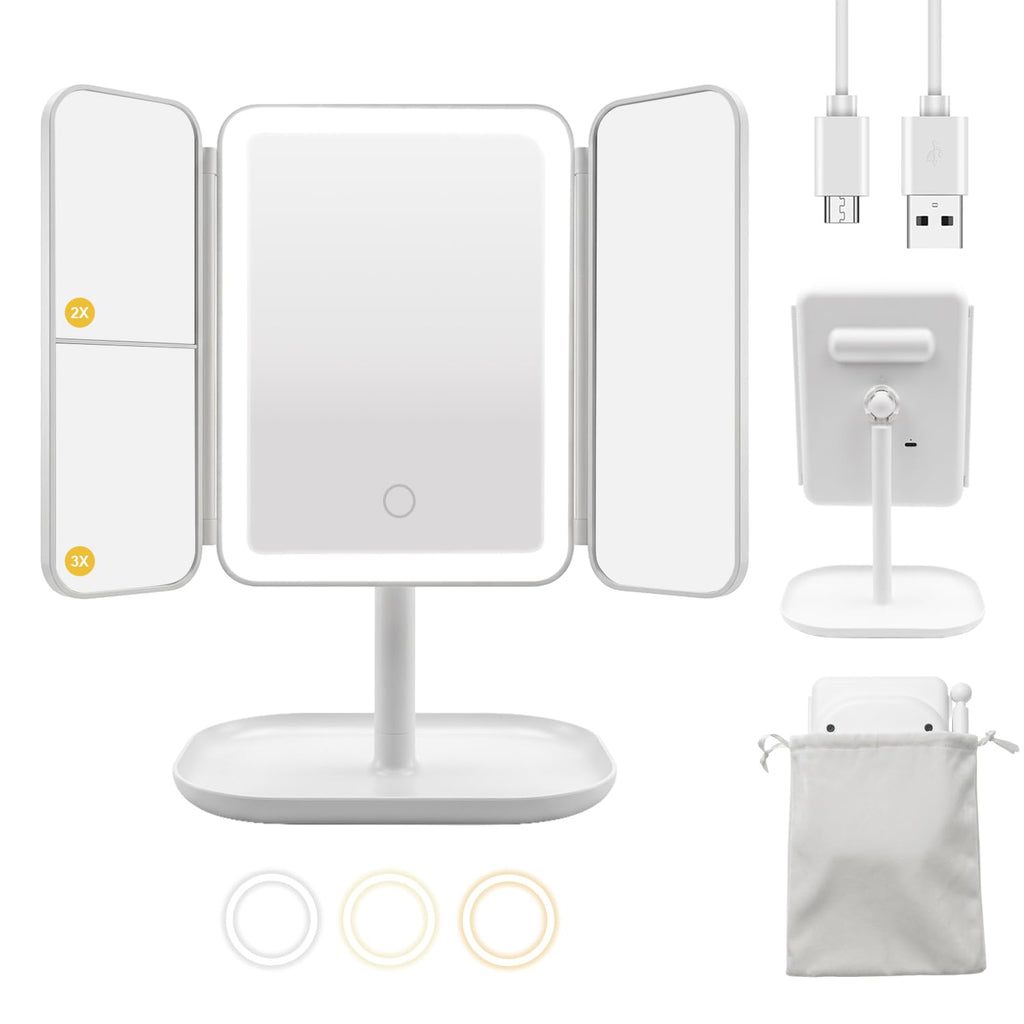 Rechargeable Trifold LED Makeup Mirror with 1X/2X/3X Magnification