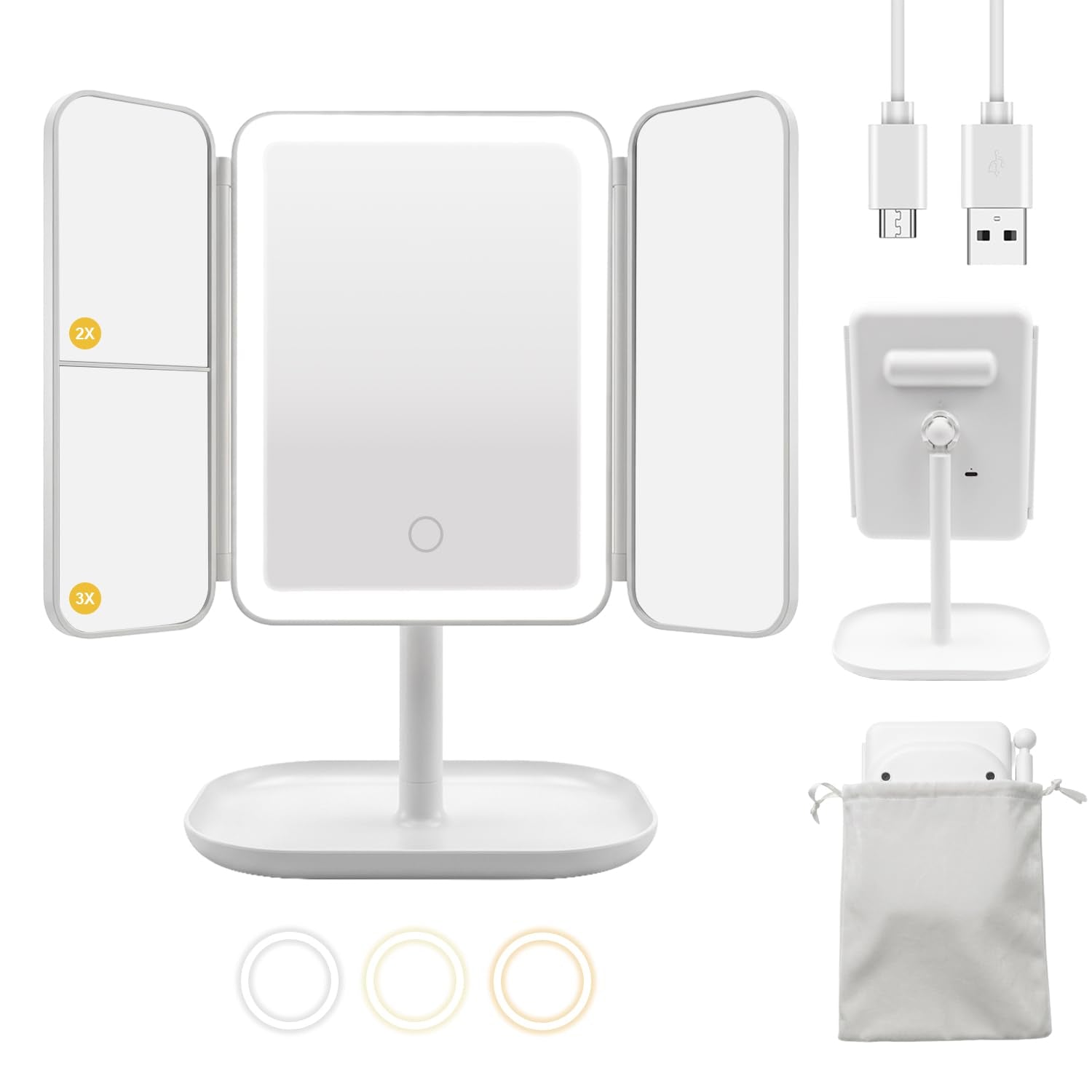 Rechargeable Trifold LED Makeup Mirror with 1X/2X/3X Magnification