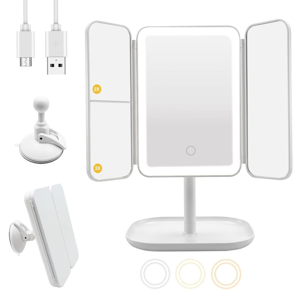 Rechargeable Trifold LED Makeup Mirror with 1X/2X/3X Magnification