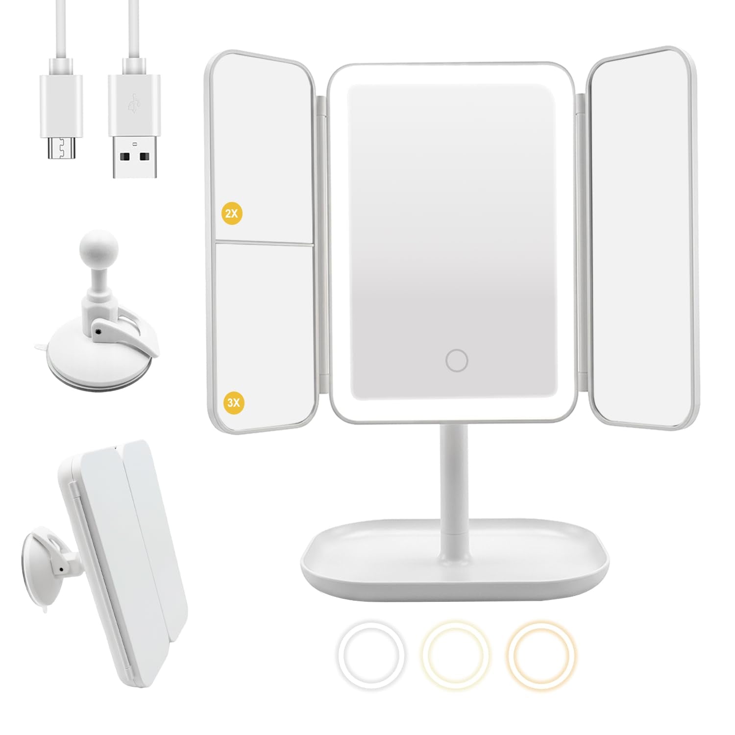 Rechargeable Trifold LED Makeup Mirror with 1X/2X/3X Magnification