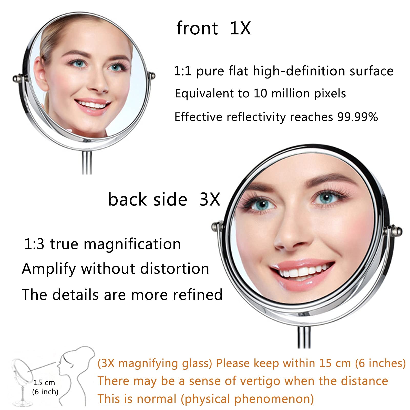 8-Inch Double-Sided 1X/3X Magnifying Vanity Mirror