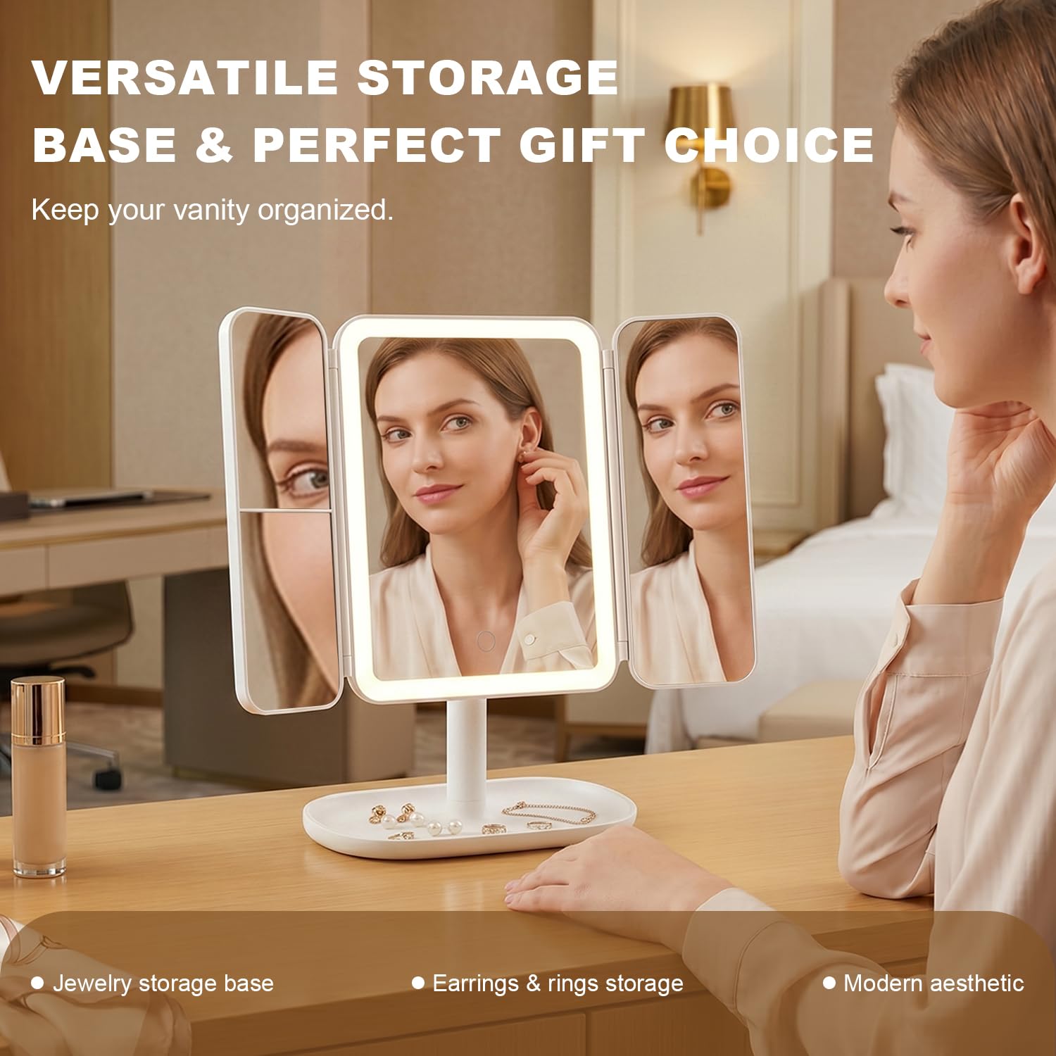 Rechargeable Trifold LED Makeup Mirror with 1X/2X/3X Magnification