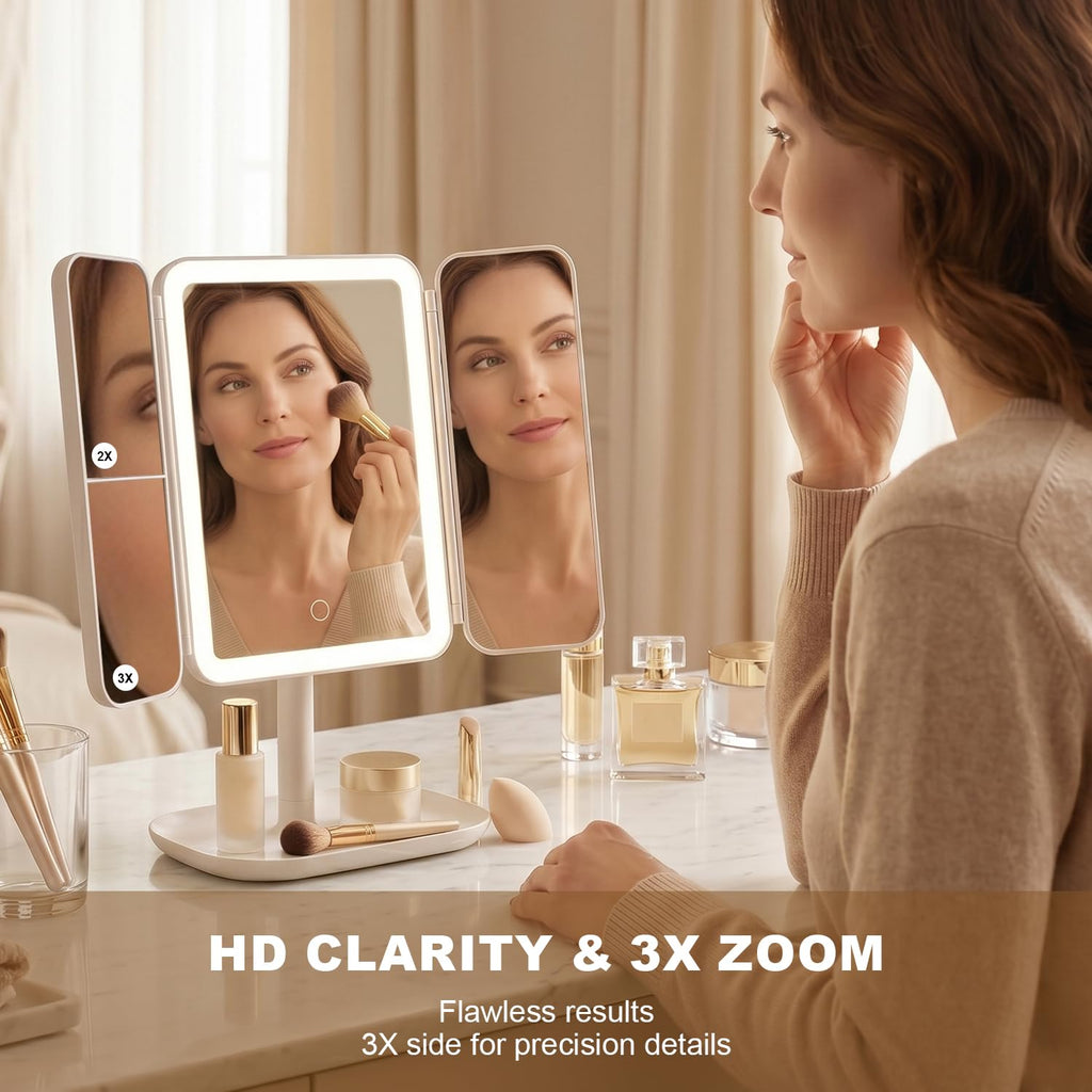 Rechargeable Trifold LED Makeup Mirror with 1X/2X/3X Magnification