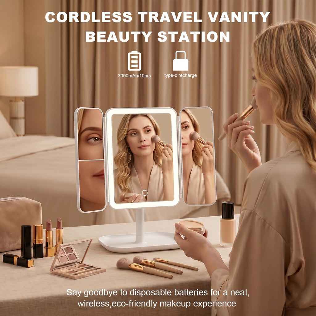 Rechargeable Trifold LED Makeup Mirror with 1X/2X/3X Magnification