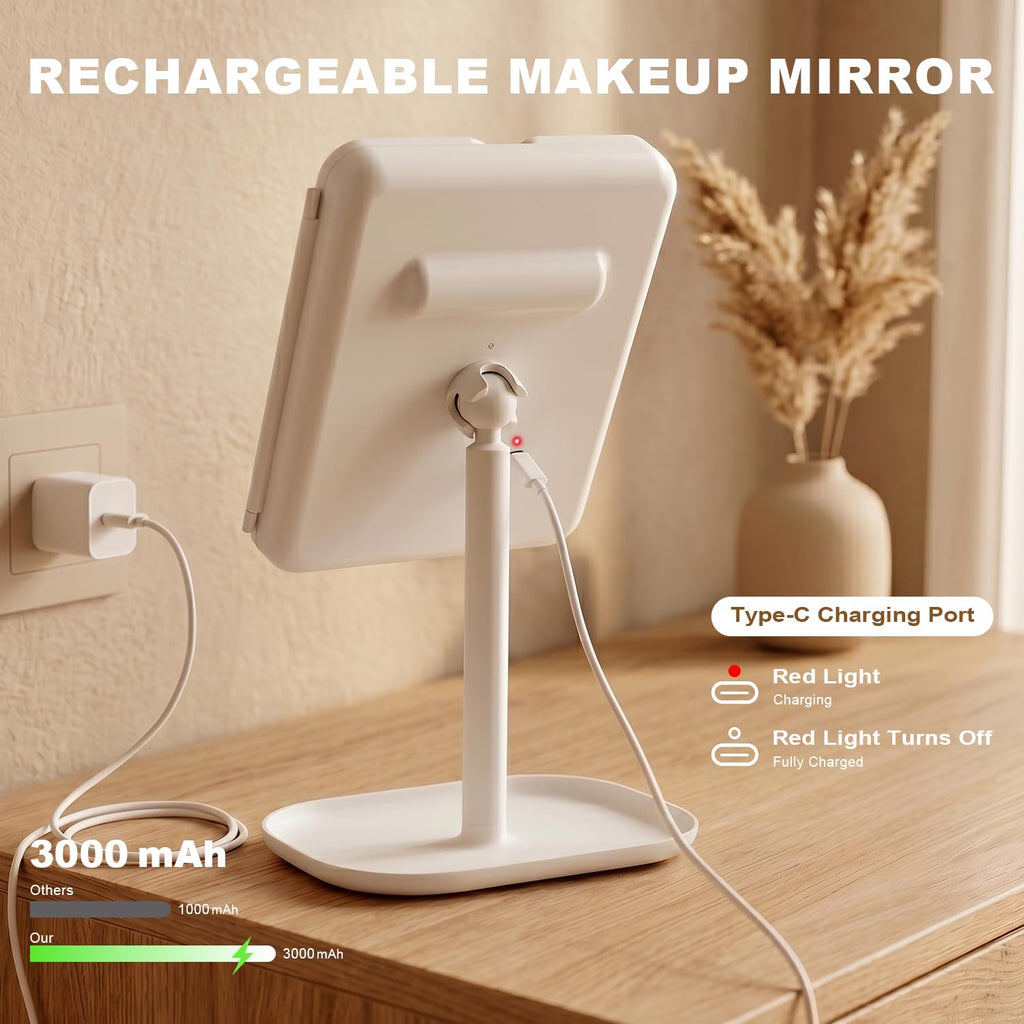 Rechargeable Trifold LED Makeup Mirror with 1X/2X/3X Magnification